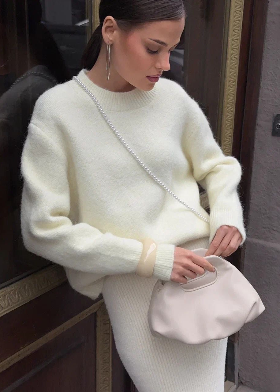 Fuzzy Knit Crew Neck Sweater with Relaxed Fit