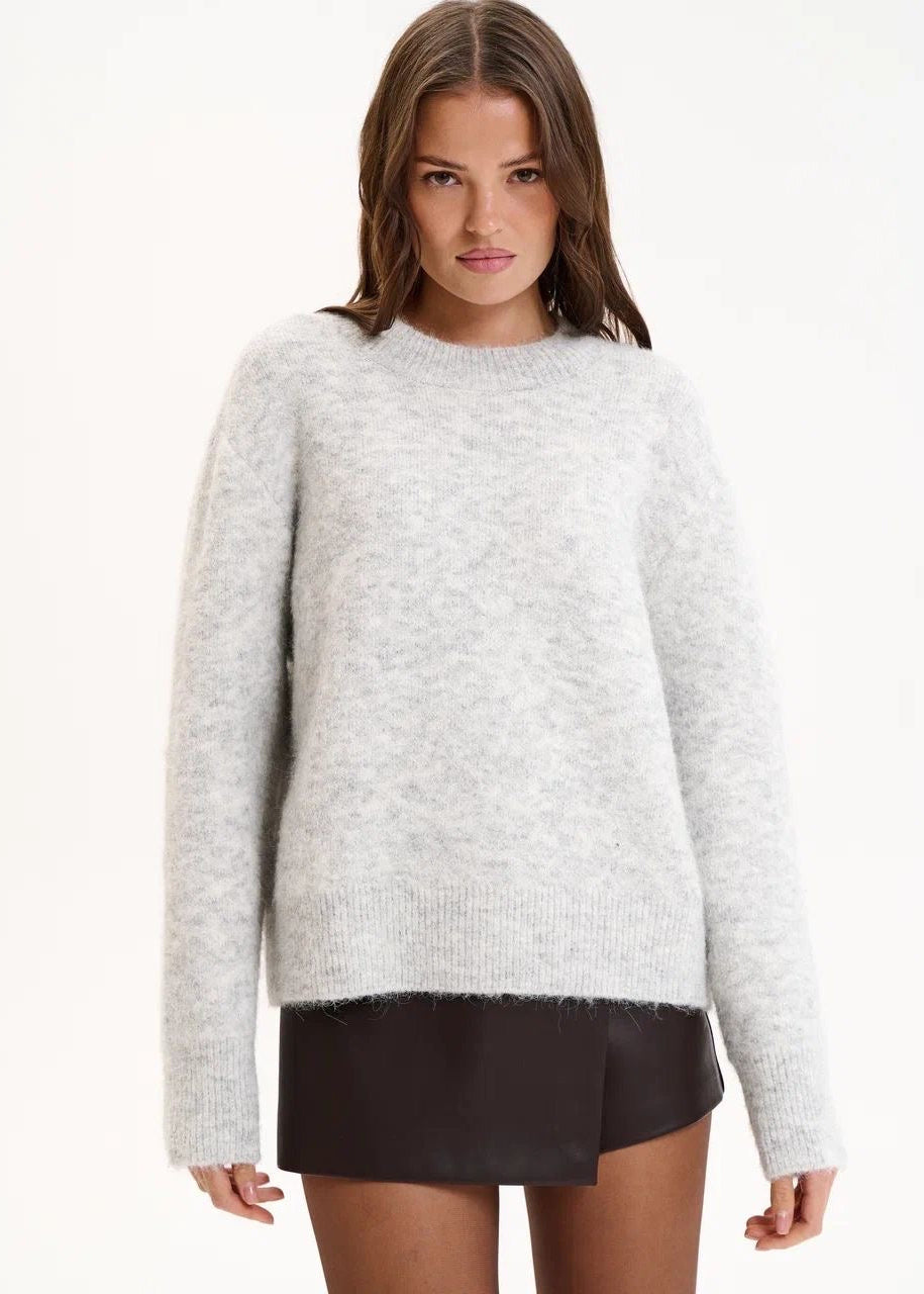 Fuzzy Knit Crew Neck Sweater with Relaxed Fit