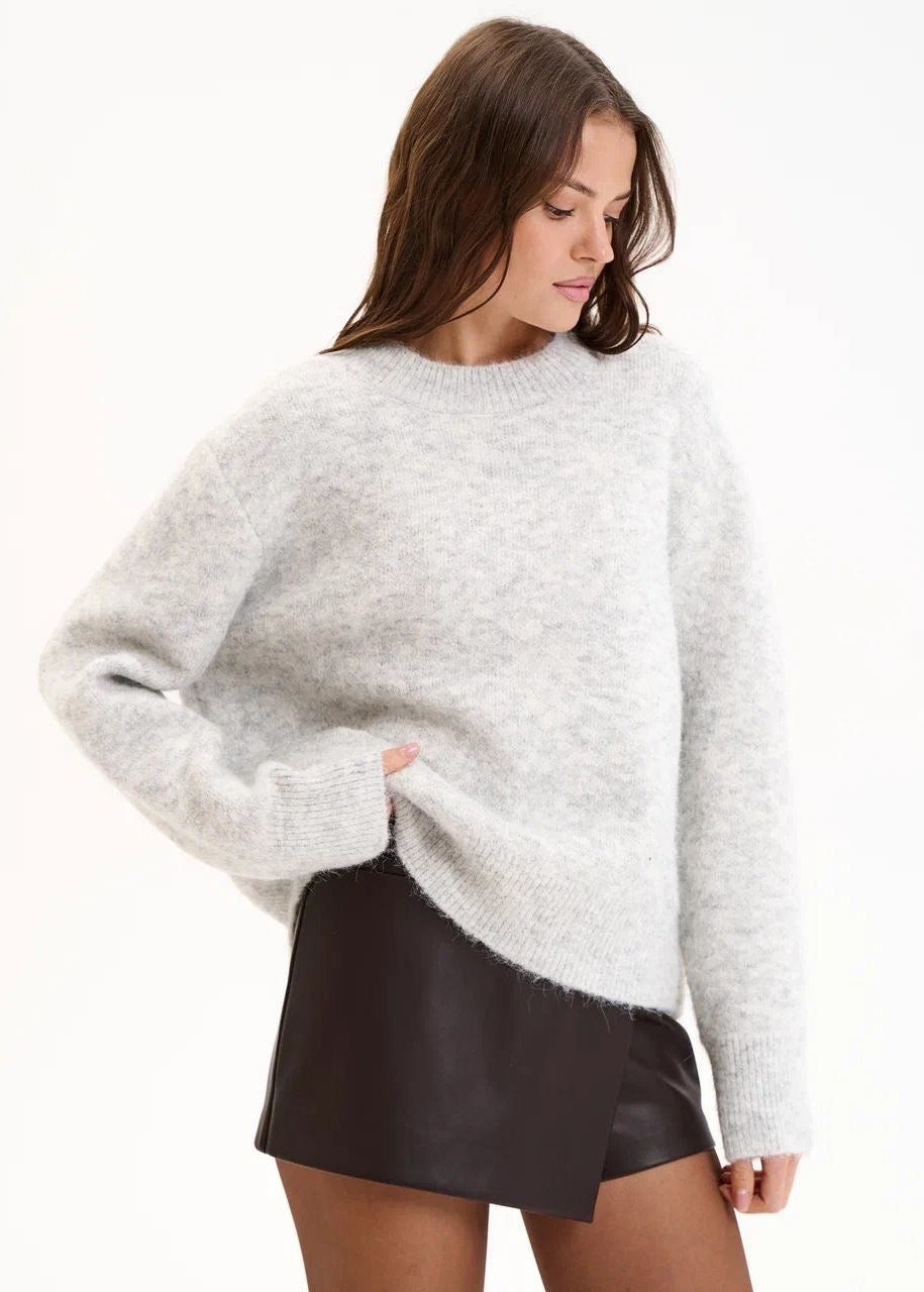 Fuzzy Knit Crew Neck Sweater with Relaxed Fit