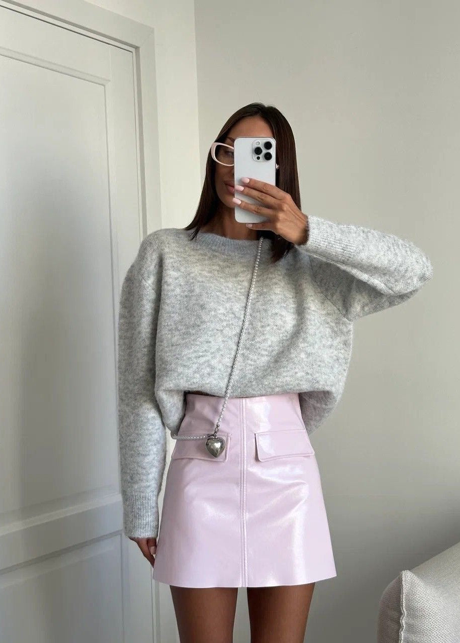 Fuzzy Knit Crew Neck Sweater with Relaxed Fit
