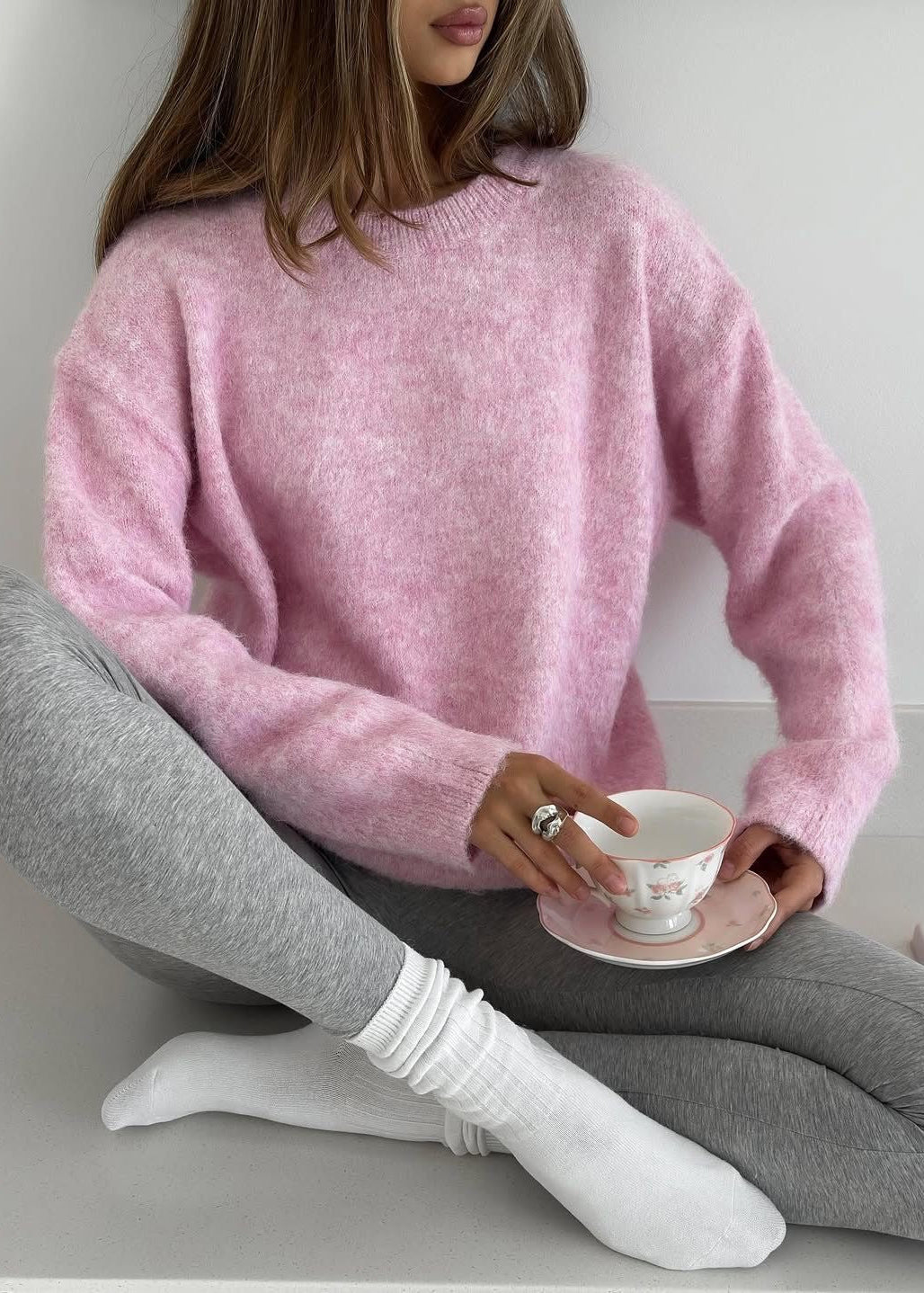 Fuzzy Knit Crew Neck Sweater with Relaxed Fit