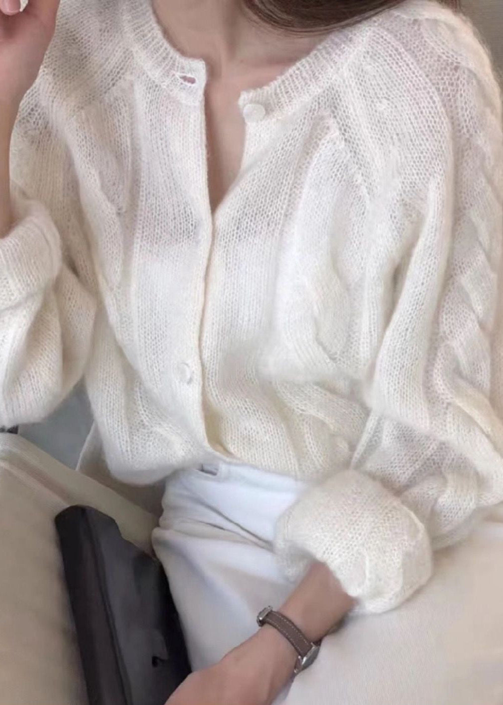 Cable Knit Button-Front Cardigan with Long Sleeves