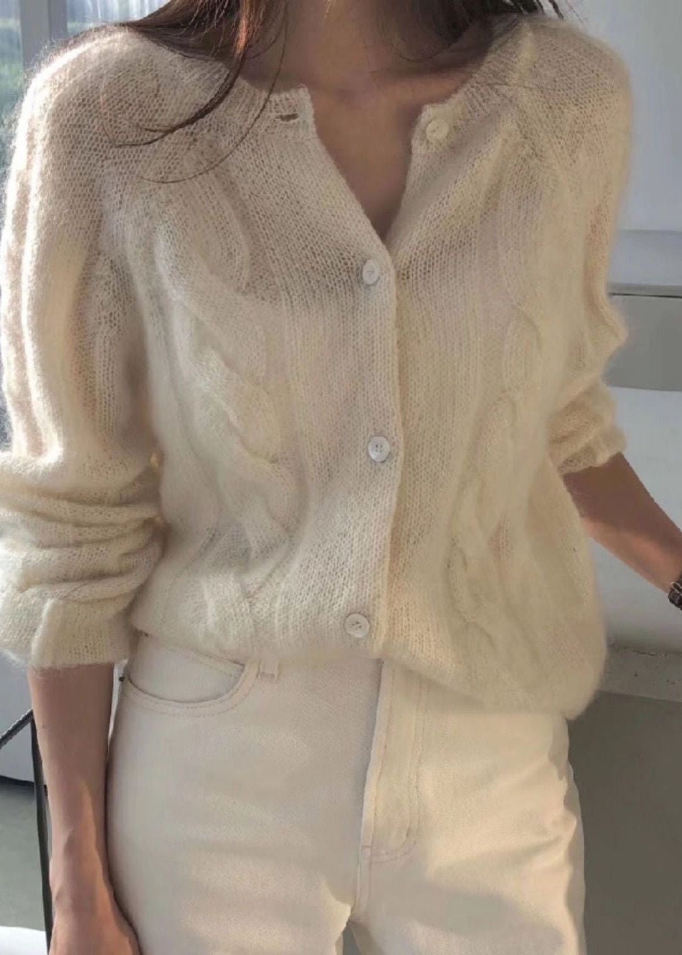 Cable Knit Button-Front Cardigan with Long Sleeves
