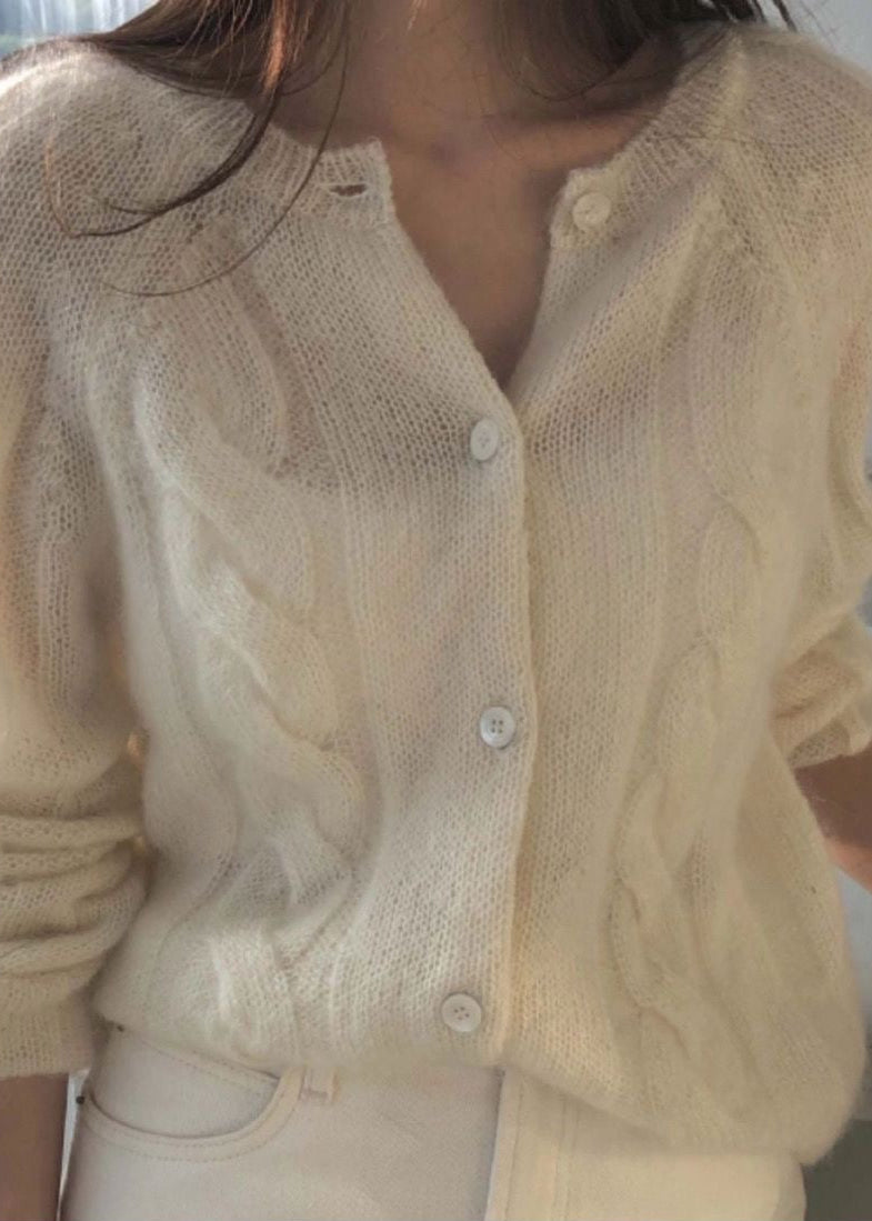 Cable Knit Button-Front Cardigan with Long Sleeves