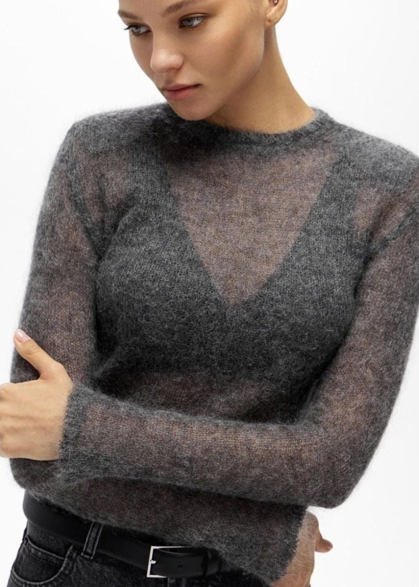 Sheer Fuzzy Knit Crew Neck Sweater with Long Sleeves