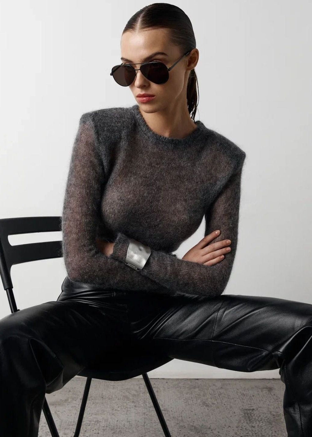 Sheer Fuzzy Knit Crew Neck Sweater with Long Sleeves