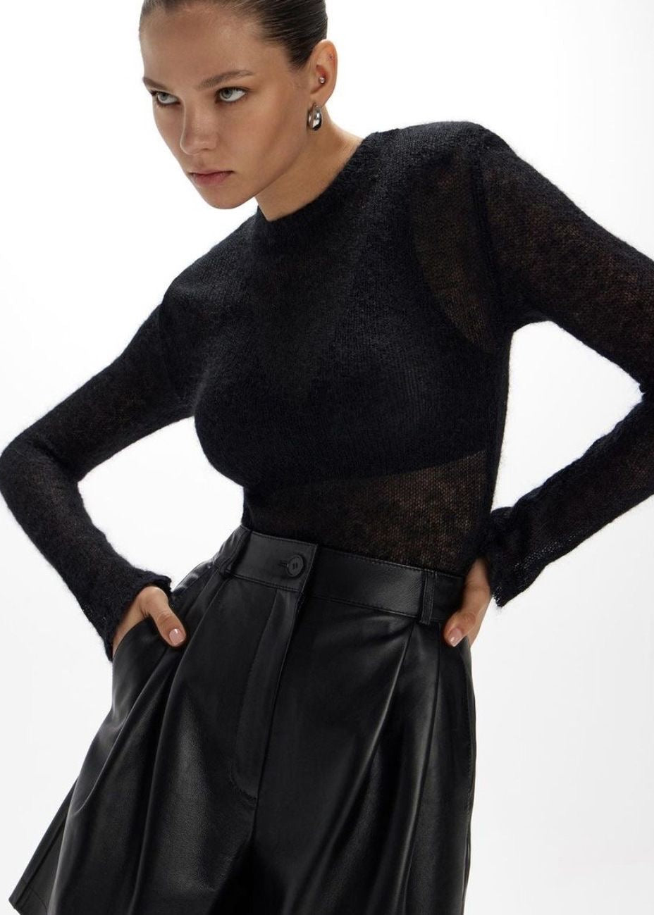 Sheer Fuzzy Knit Crew Neck Sweater with Long Sleeves