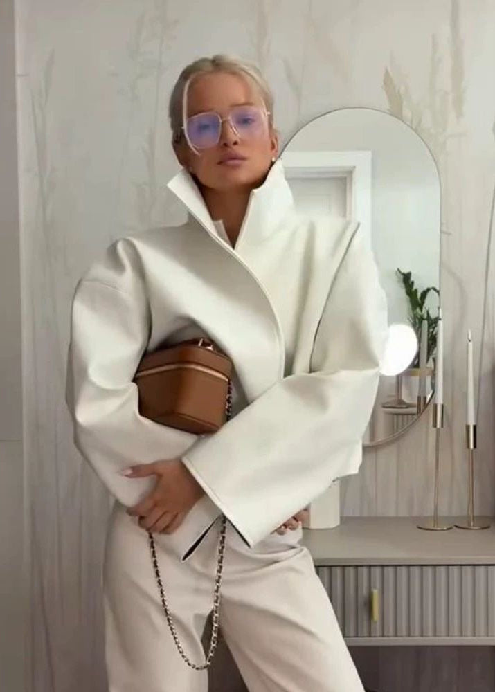 Sculptural High Collar Cropped Jacket with Flared Silhouette