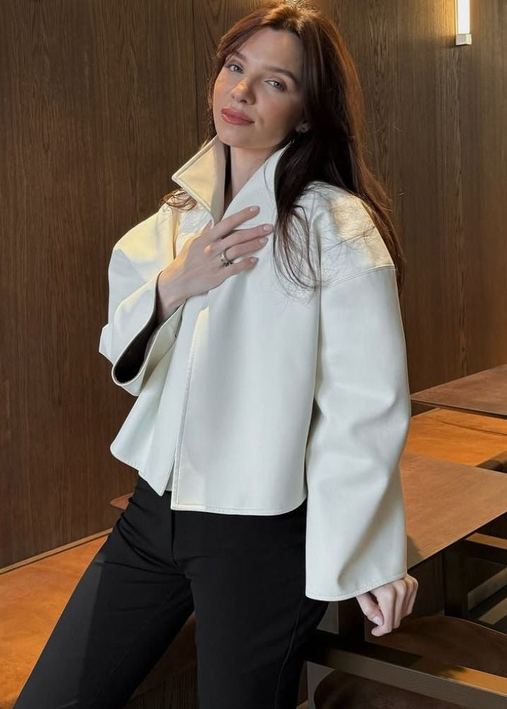 Sculptural High Collar Cropped Jacket with Flared Silhouette