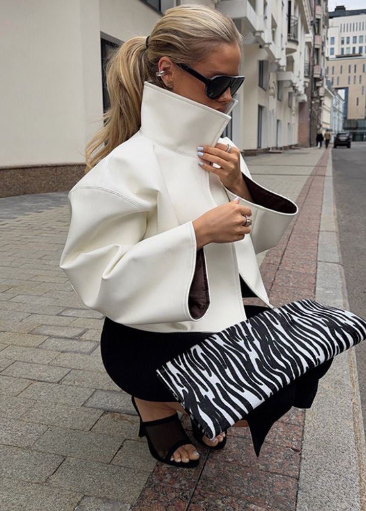 Sculptural High Collar Cropped Jacket with Flared Silhouette