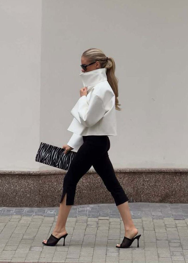 Sculptural High Collar Cropped Jacket with Flared Silhouette