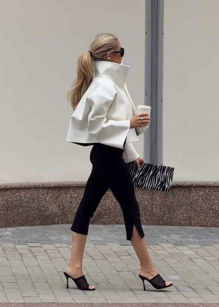Sculptural High Collar Cropped Jacket with Flared Silhouette