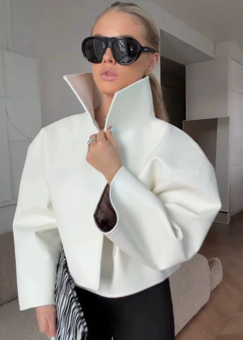 Sculptural High Collar Cropped Jacket with Flared Silhouette
