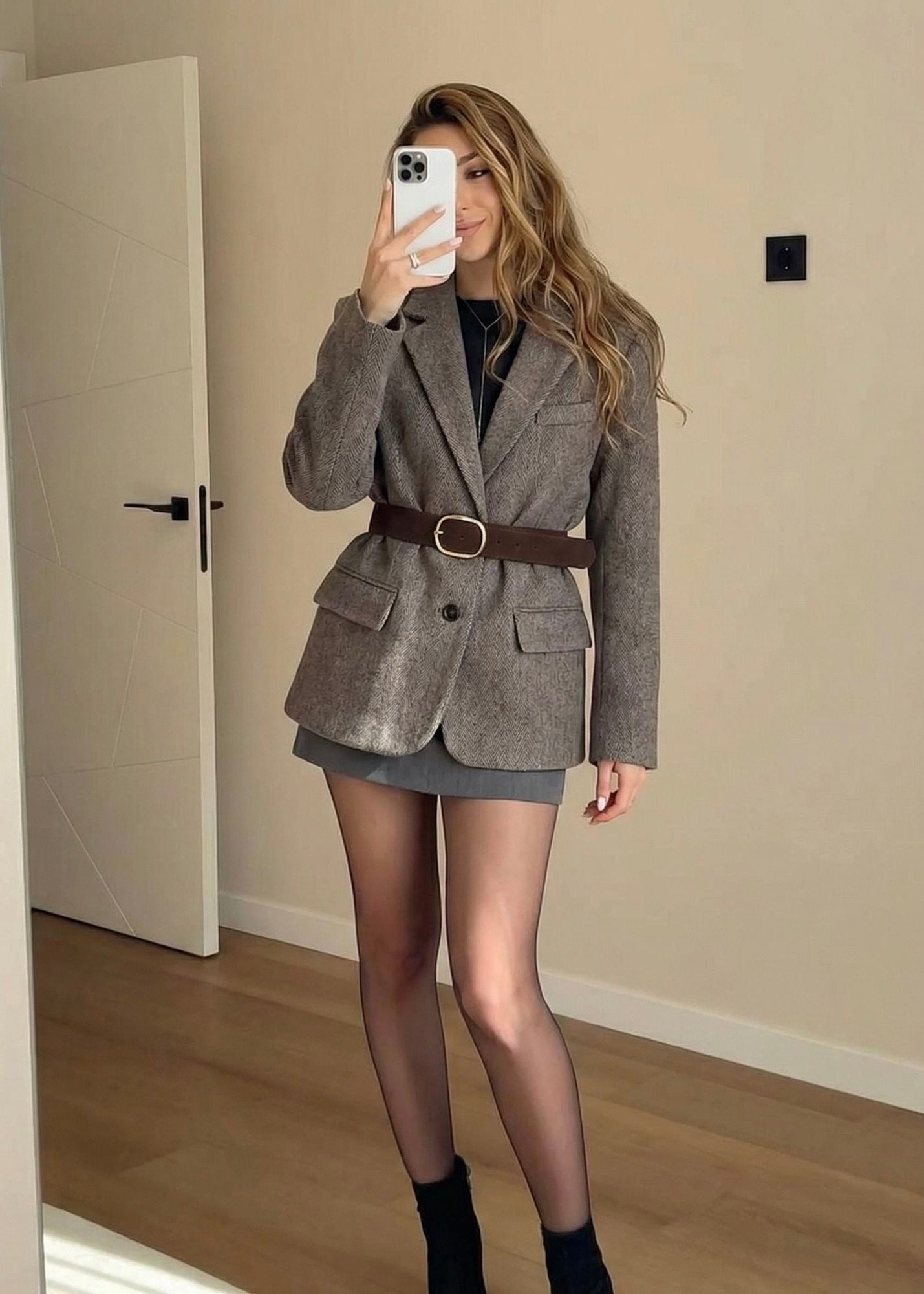 Herringbone Belted Blazer with Notched Lapels