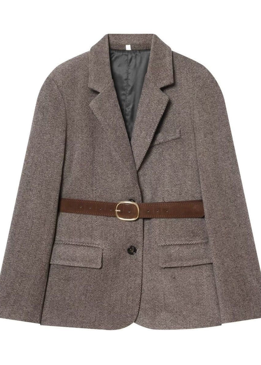 Herringbone Belted Blazer with Notched Lapels