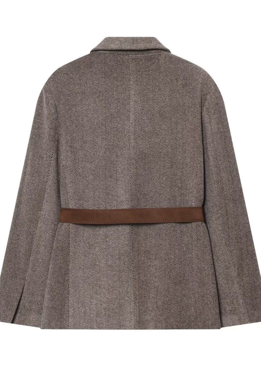 Herringbone Belted Blazer with Notched Lapels