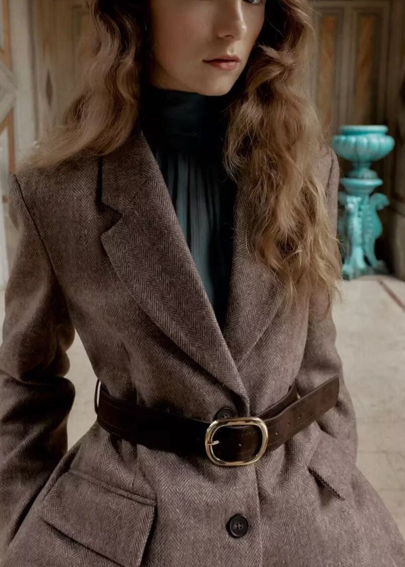 Herringbone Belted Blazer with Notched Lapels