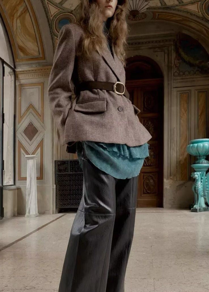 Herringbone Belted Blazer with Notched Lapels