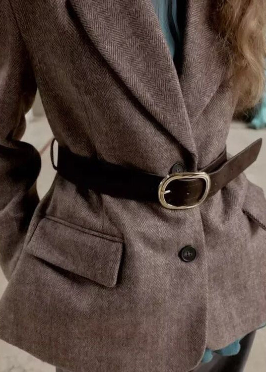 Herringbone Belted Blazer with Notched Lapels