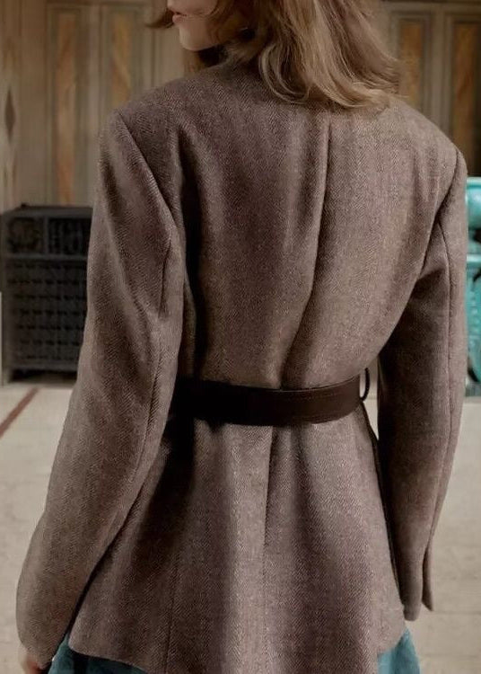 Herringbone Belted Blazer with Notched Lapels