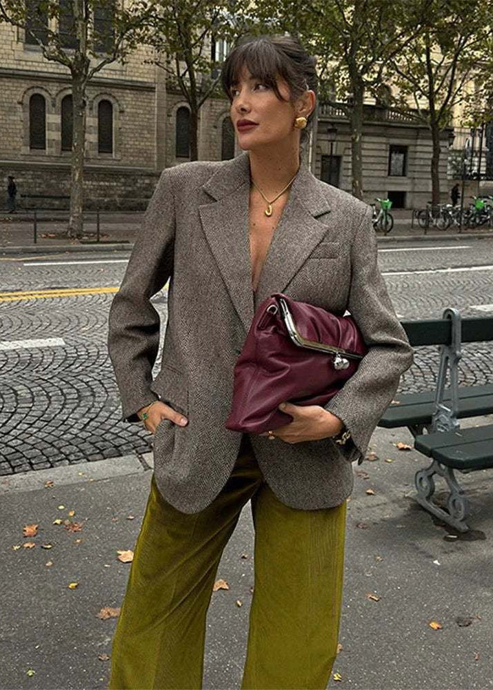 Herringbone Two-Button Blazer with Notched Lapels