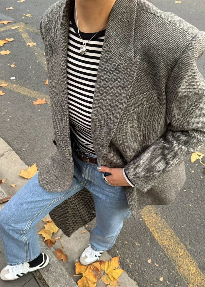 Herringbone Two-Button Blazer with Notched Lapels