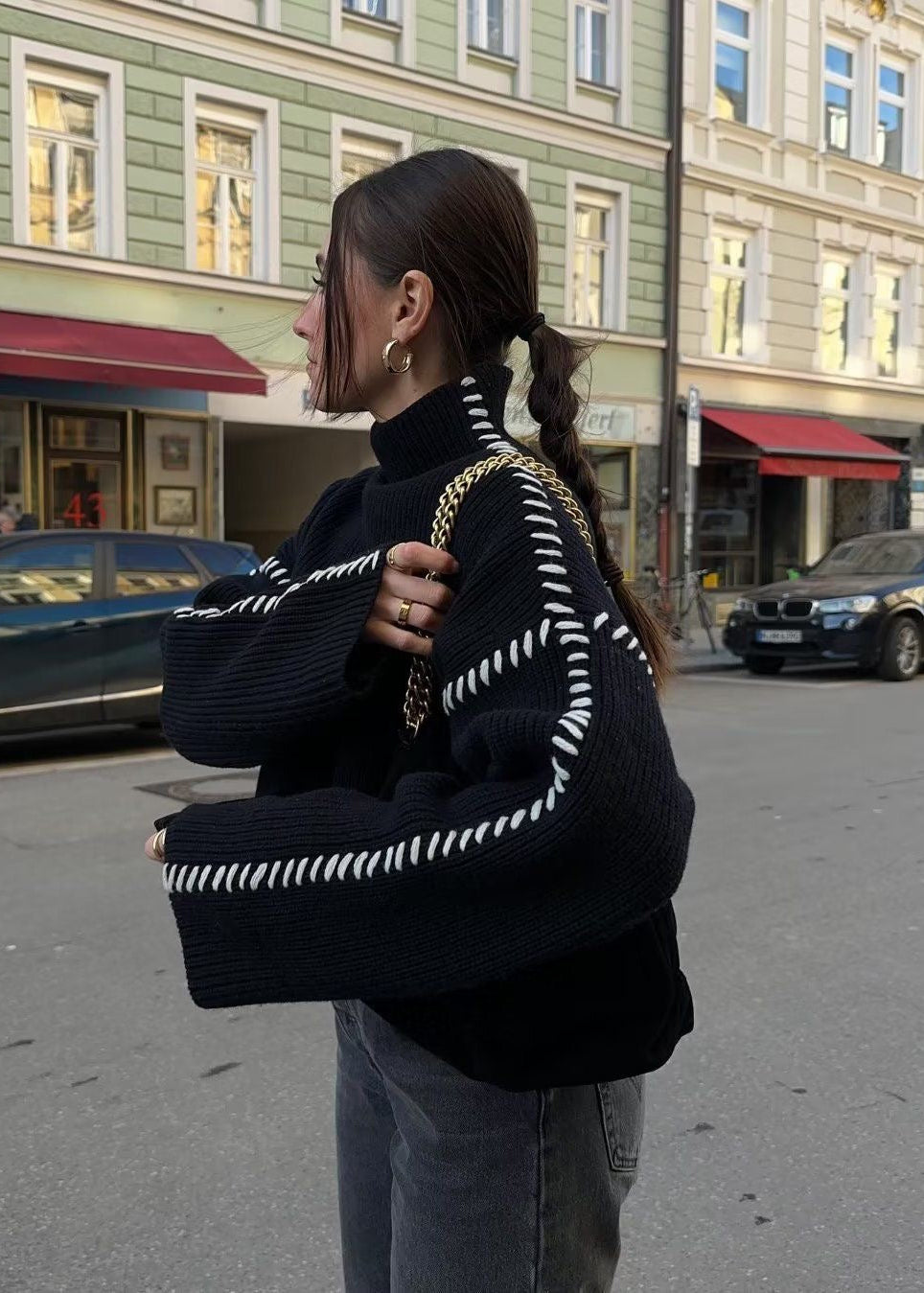 Contrast Stitch Black Mock Neck Knit Sweater