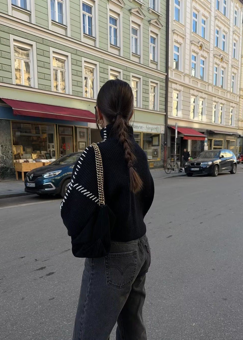 Contrast Stitch Black Mock Neck Knit Sweater