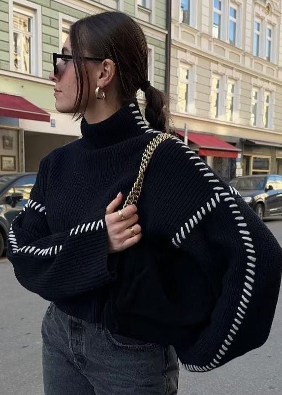 Contrast Stitch Black Mock Neck Knit Sweater