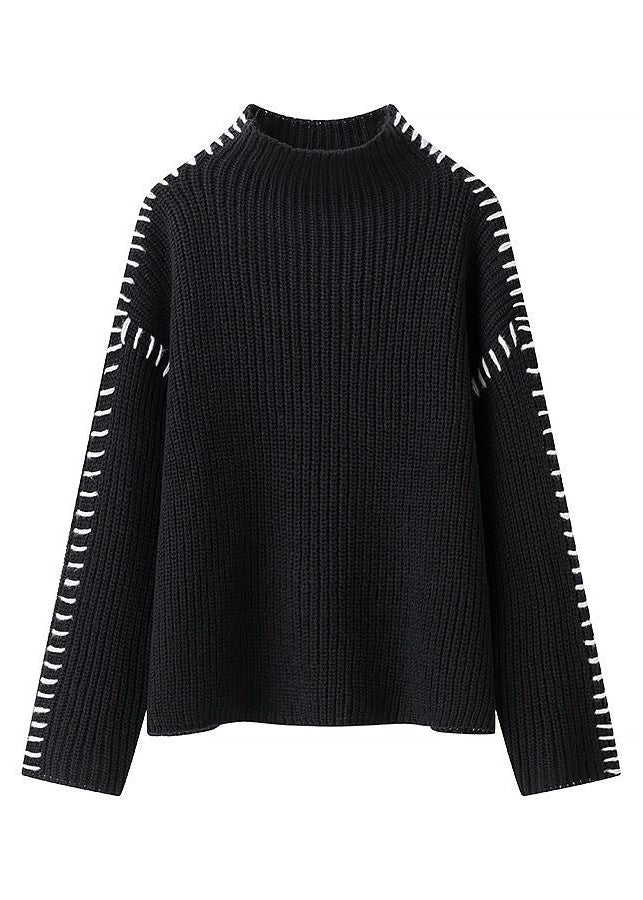 Contrast Stitch Black Mock Neck Knit Sweater
