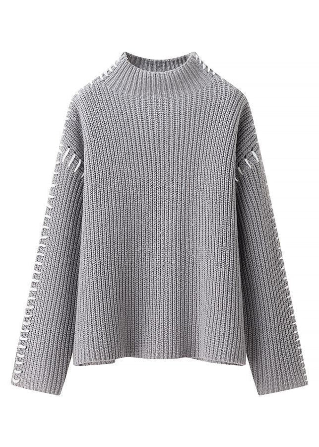 Contrast Stitch Black Mock Neck Knit Sweater