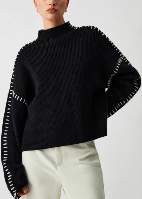 Contrast Stitch Black Mock Neck Knit Sweater