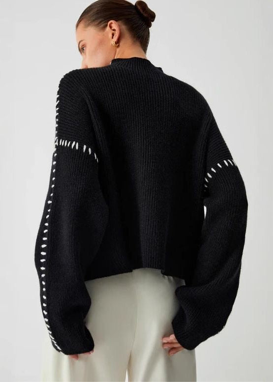 Contrast Stitch Black Mock Neck Knit Sweater