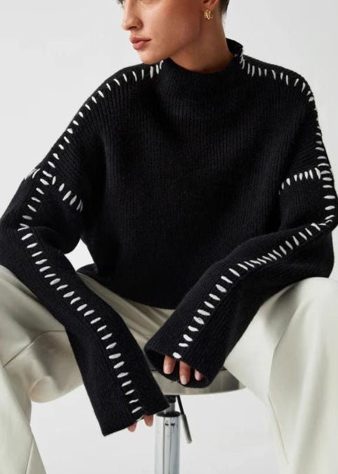 Contrast Stitch Black Mock Neck Knit Sweater