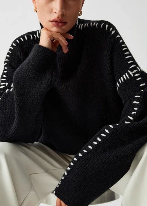 Contrast Stitch Black Mock Neck Knit Sweater