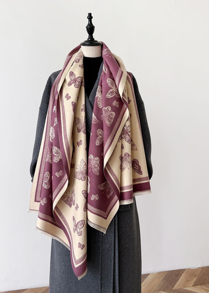 Butterfly Print Scarf with Fringe Trim
