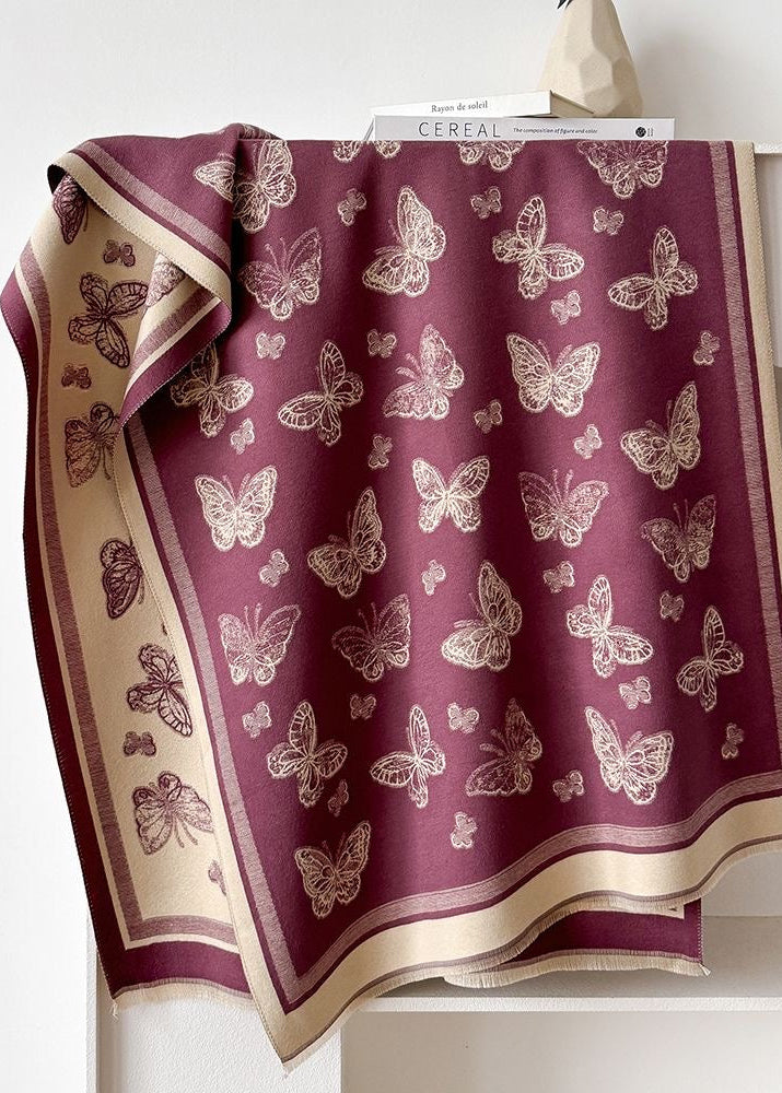 Butterfly Print Scarf with Fringe Trim