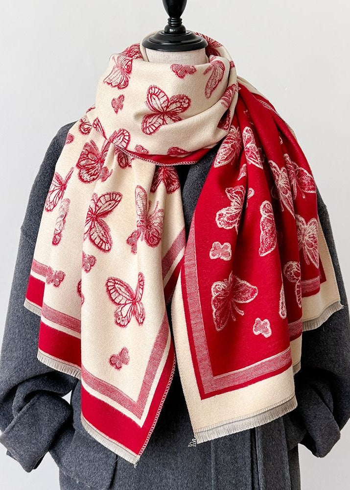 Butterfly Print Scarf with Fringe Trim