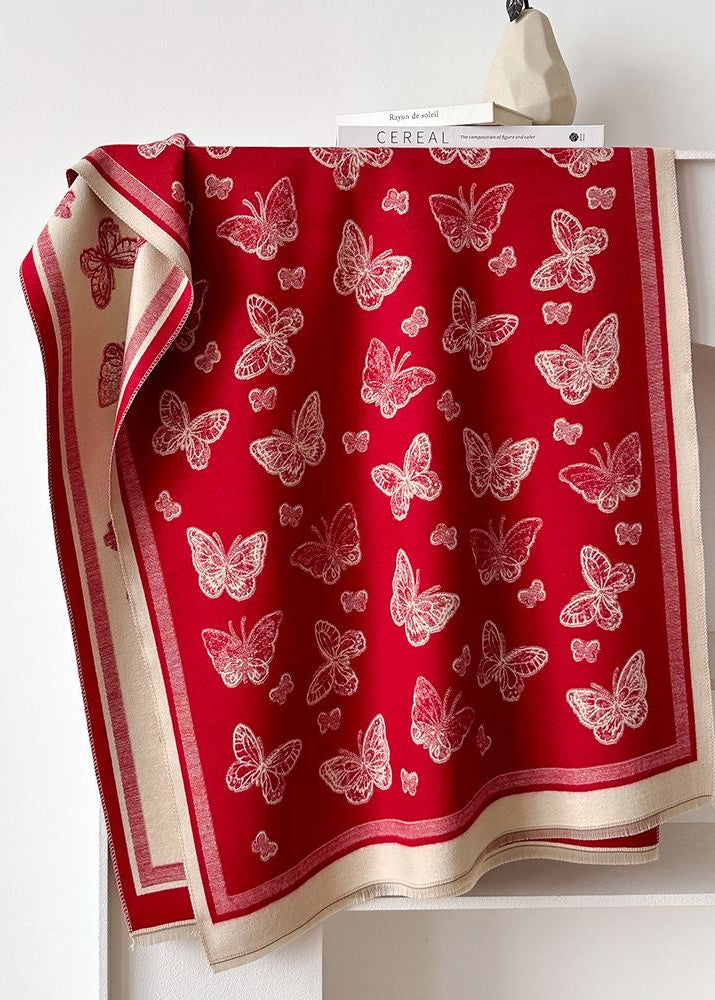 Butterfly Print Scarf with Fringe Trim