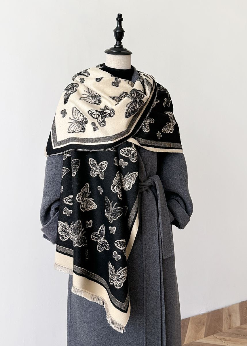 Butterfly Print Scarf with Fringe Trim