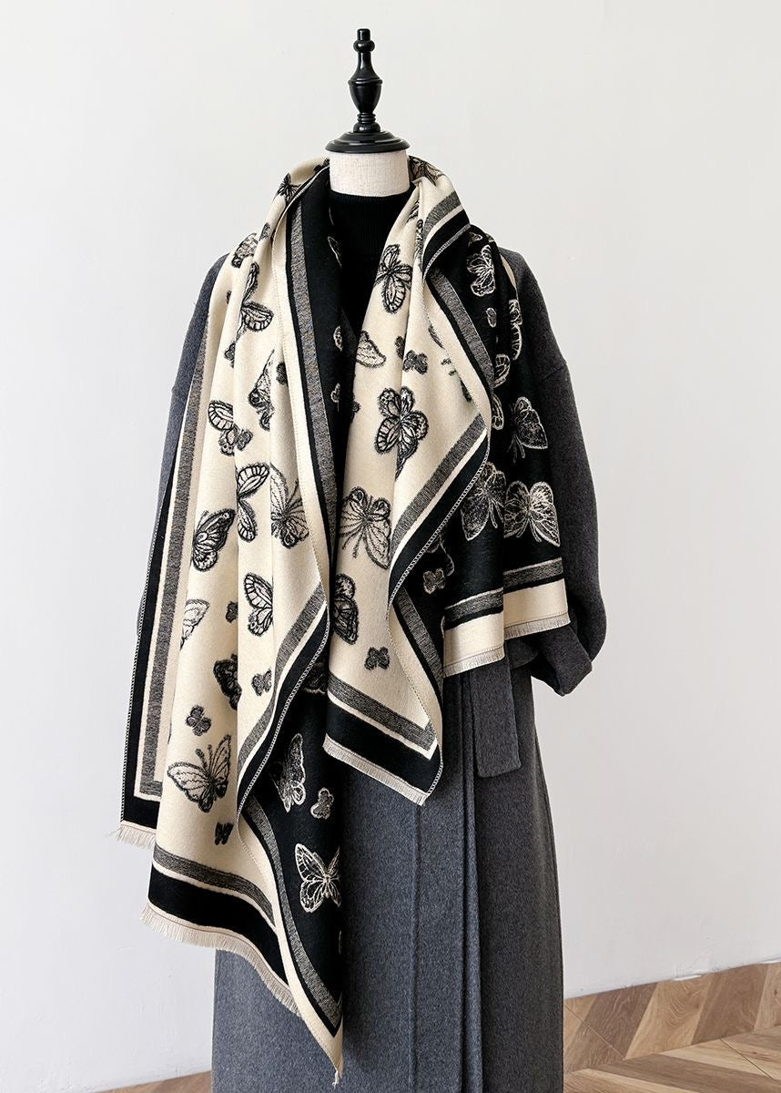 Butterfly Print Scarf with Fringe Trim