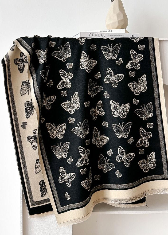 Butterfly Print Scarf with Fringe Trim