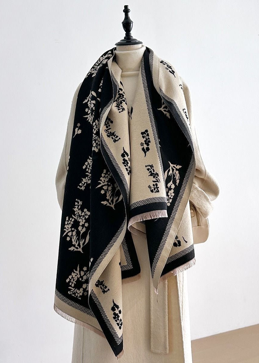 Botanical Print Scarf with Contrast Border and Fringe Trim