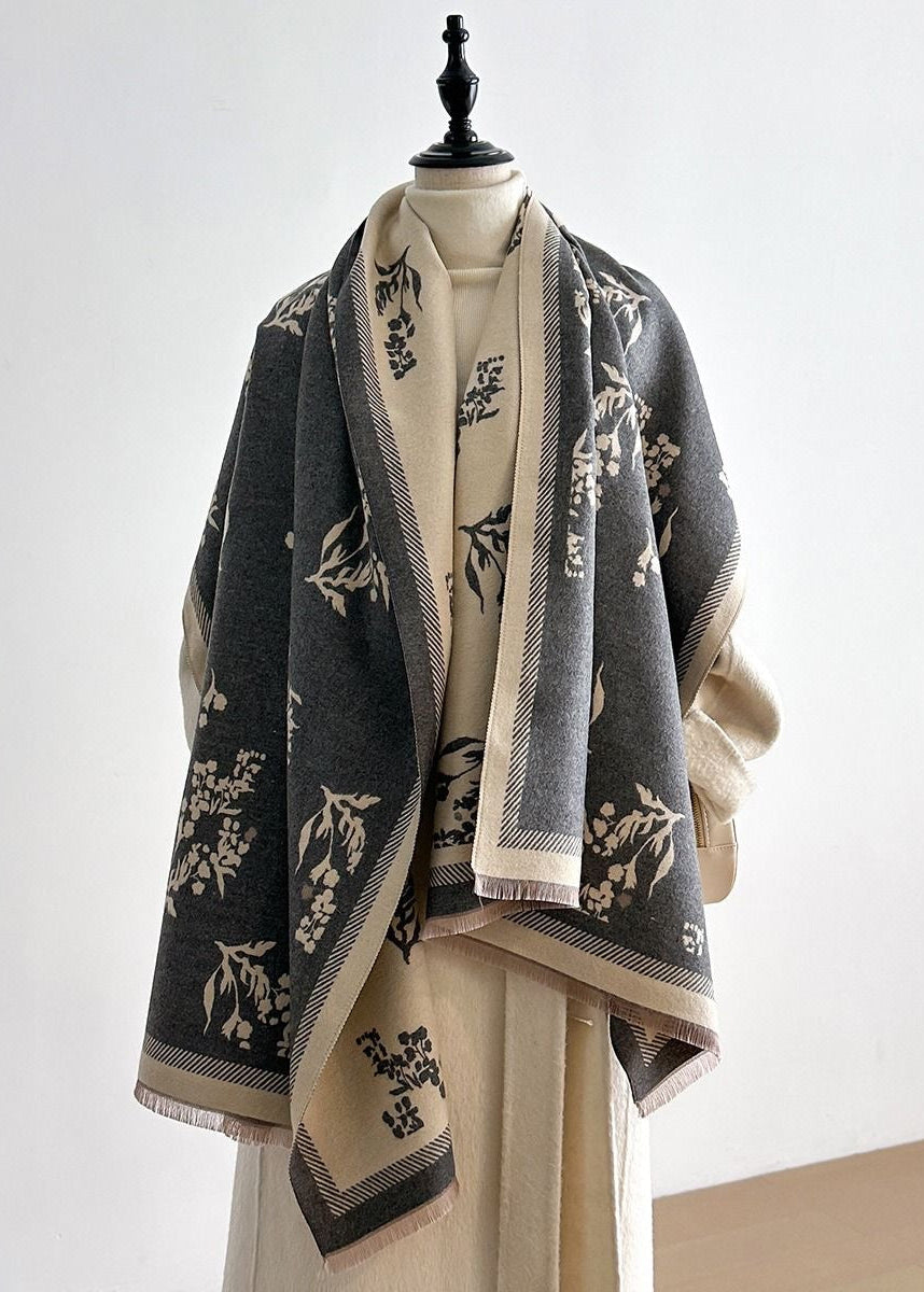 Botanical Print Scarf with Contrast Border and Fringe Trim
