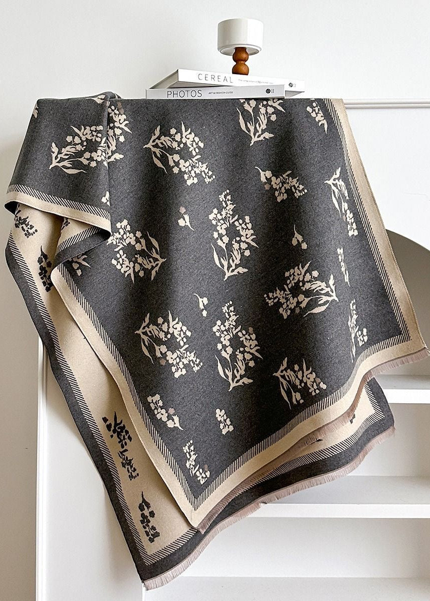 Botanical Print Scarf with Contrast Border and Fringe Trim