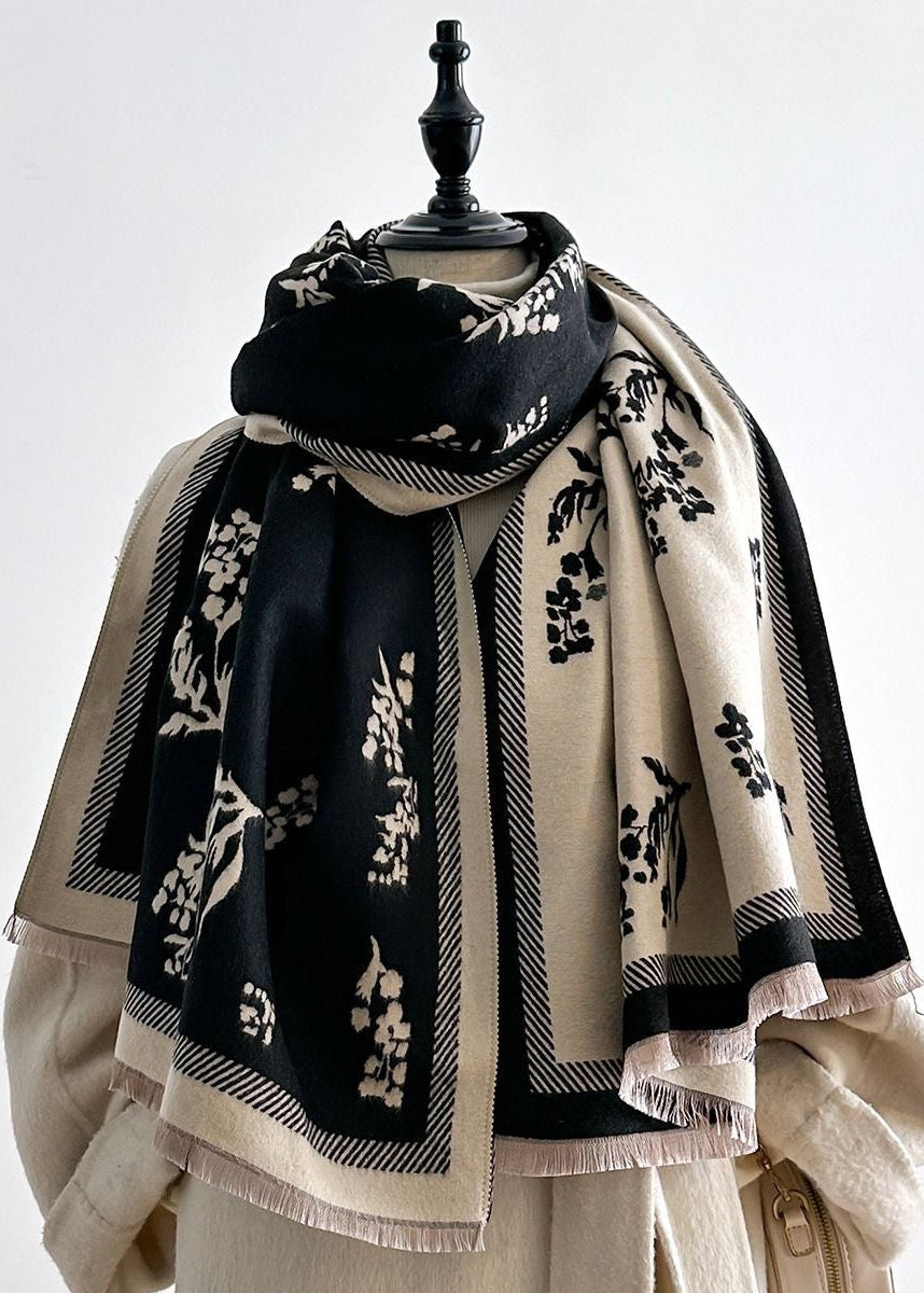 Botanical Print Scarf with Contrast Border and Fringe Trim