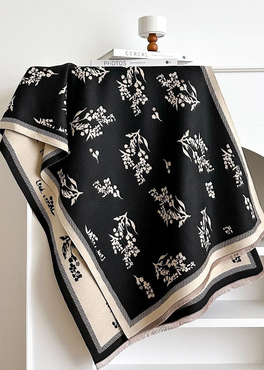 Botanical Print Scarf with Contrast Border and Fringe Trim