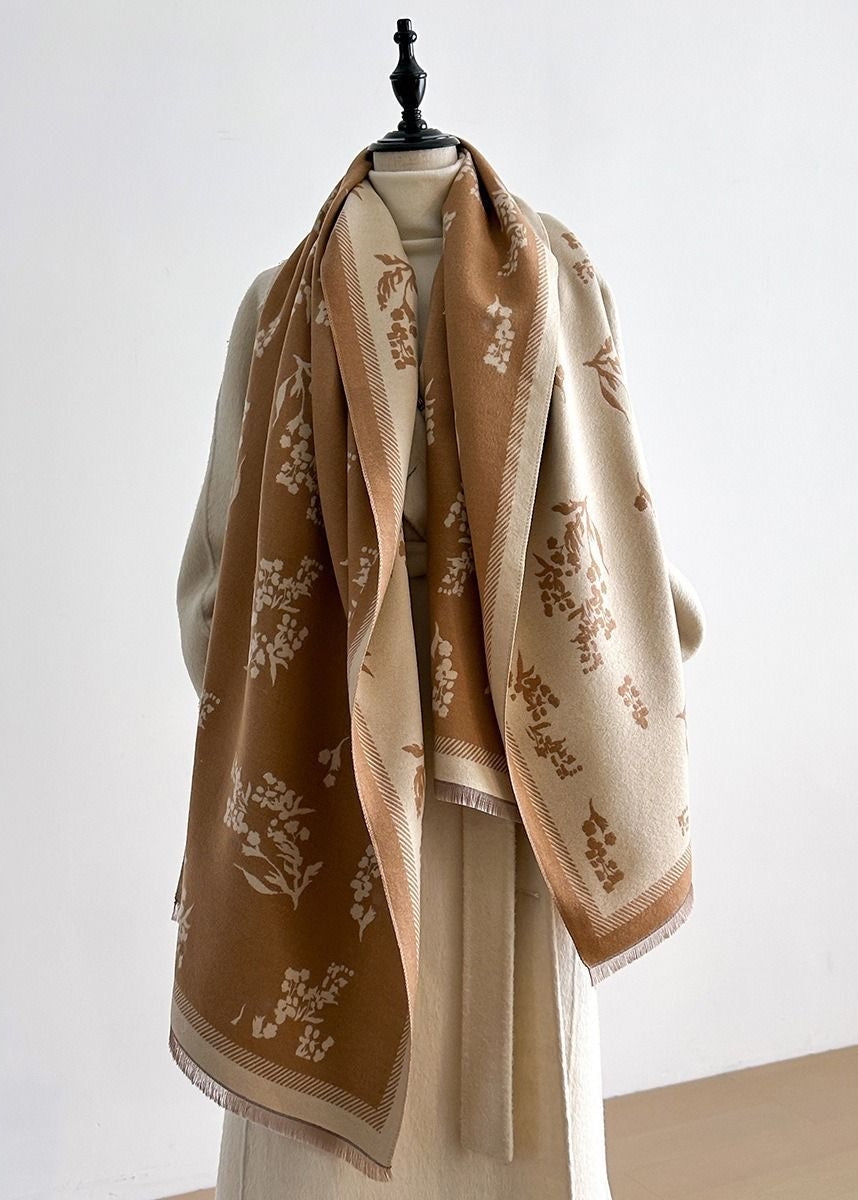 Botanical Print Scarf with Contrast Border and Fringe Trim