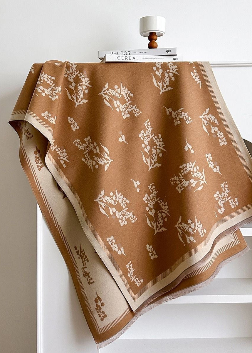 Botanical Print Scarf with Contrast Border and Fringe Trim