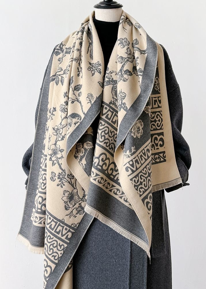 Bird & Blossom Print Scarf with Ornamental Border